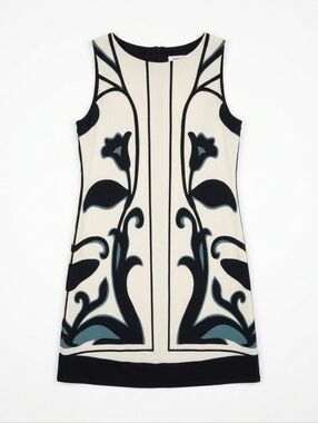 EVA VARRO  Cream Shift Dress with Teal & Black Floral Motif